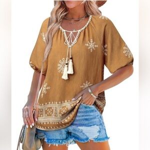 Vivilli Women's Summer V-Neck Top Short Sleeve Block Print Tie Detail Size XL